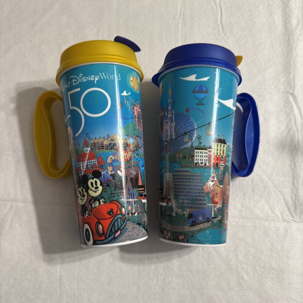 Walt Disney World 50th Anniversary Refillable Resort Mug Cup Mickey Blue Yellow